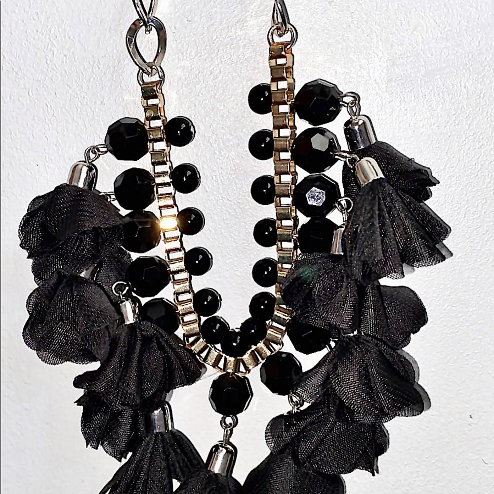 Woman's necklace Black silk fabric /silver chain